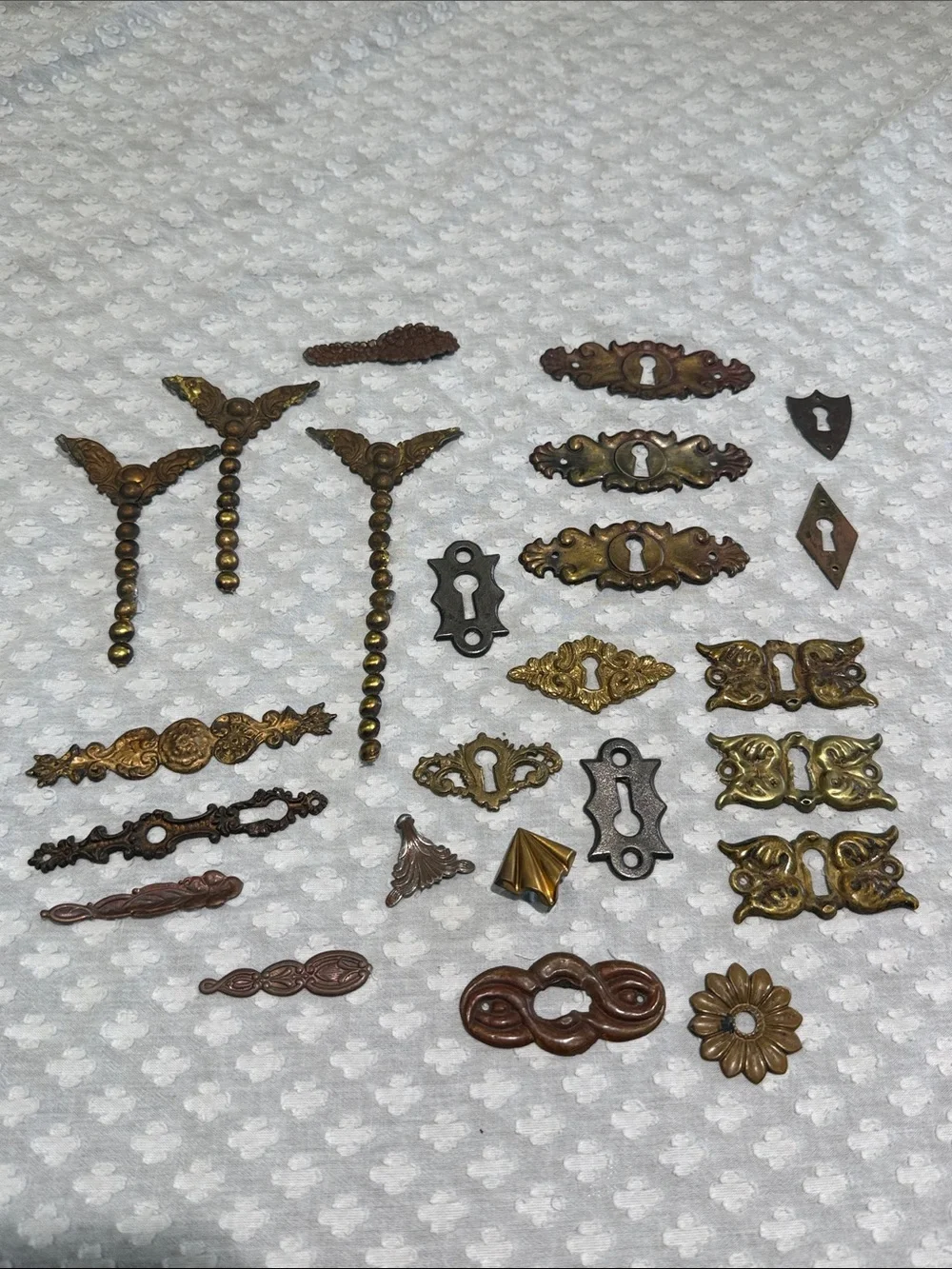 Lot of Vintage Decorative Keyhole Escutcheons and metal decor pieces
